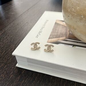 Chanel REV Gold Transparent Crystal CC Logo Classic Statement Stud Drop Earrings